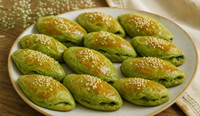 Üzerleri altın sarısı fırınlanmış ıspanaklı labneli poğaçalar