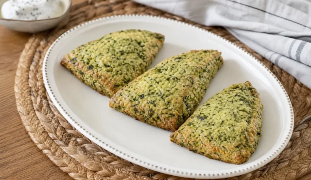 Üzeri kremayla parlak, içinde ıspanak ve peynir parçaları olan sıcacık scones