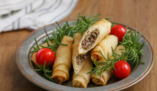 Kızarmış çıtır kıymalı sigara börekleri tabakta