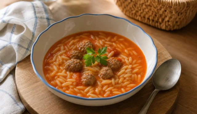 Köfteli Arpa Şehriye Çorbası kasede, domates soslu ve sıcak sunum