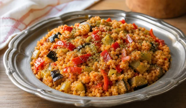 Sebzeli bulgur pilavı, renkli sebzelerle servis edilmiş sıcak tabakta