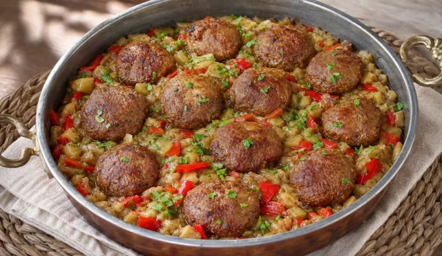 Közlenmiş patlıcan ve biberle hazırlanan Söğürme Kebabı tabağı