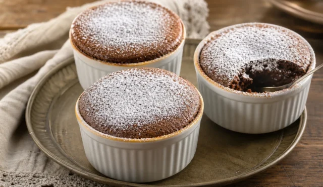 Küçük kaplarda kabarmış, sıcacık çikolatalı sufle