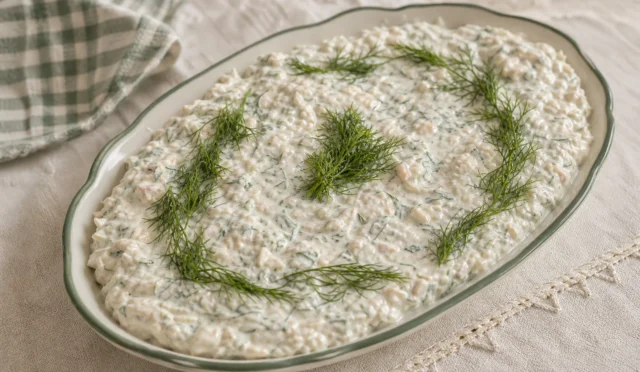 Dereotlu ve cevizli yoğurtlu tavuklu meze tabağı