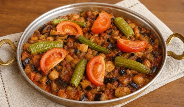 Fırında pişmiş tavuklu ve patlıcanlı Şehzade Kebabı tabağı
