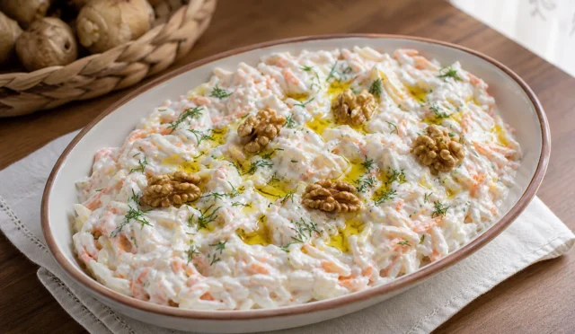 Yoğurtlu yer elması salatası tabakta, ceviz ve dereotu ile servis edilmiş doğal görünüm