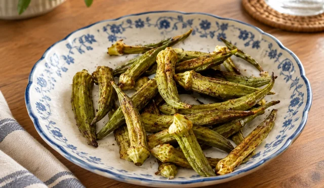 Kajun baharatlı airfryer bamya kızartması ve yoğurt servisi