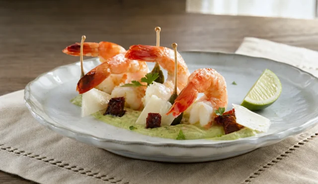 Avokado püresi üzerinde servis edilmiş taze karidesler ve parmesan yaprakları