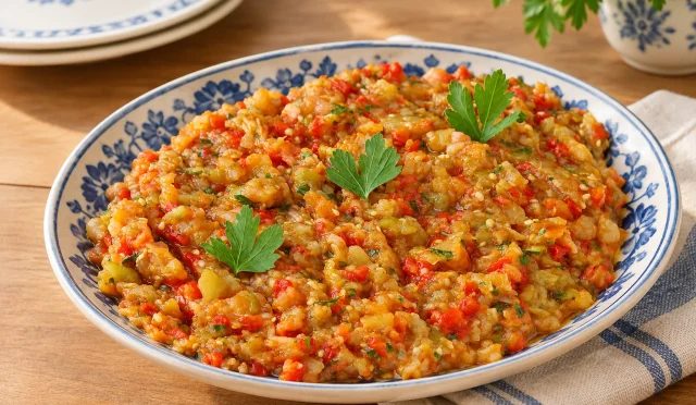 Közlenmiş patlıcan ve biberlerle hazırlanmış babagannuş salatası