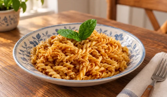 Barbekü soslu, tereyağlı sıcak makarna