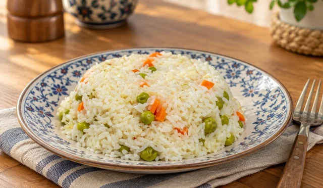 Havuç ve bezelye içeren renkli pirinç pilavı