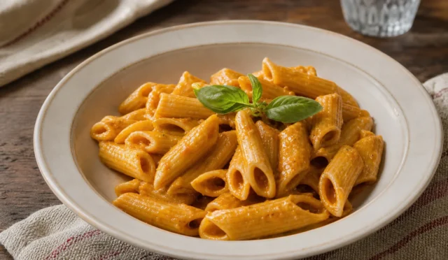 Közlenmiş kırmızı biber soslu penne makarna, taze fesleğen yapraklarıyla servis edilmiş