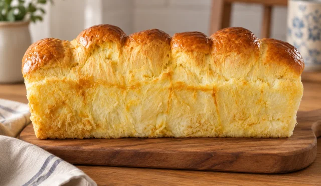 Altın renkli kabuklu, dilimlenmiş brioche ekmeği