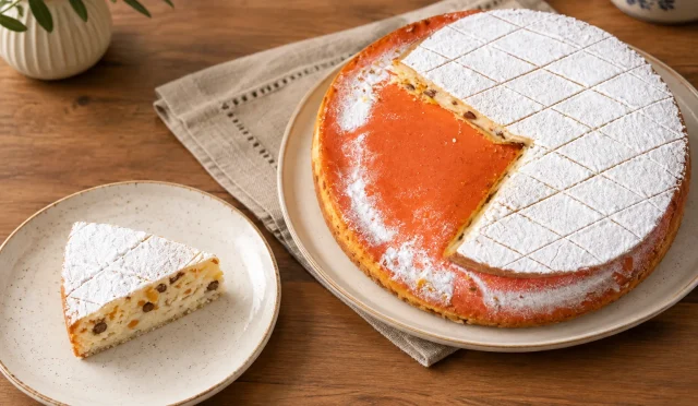 Pudra şekerli, ricotta dolgulu Cassata al Forno dilimi