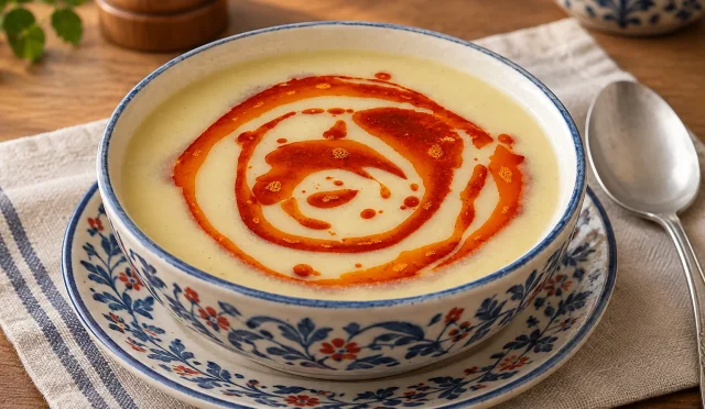 Üzerinde kırmızı biberli tereyağı bulunan sıcak Cennet çorbası