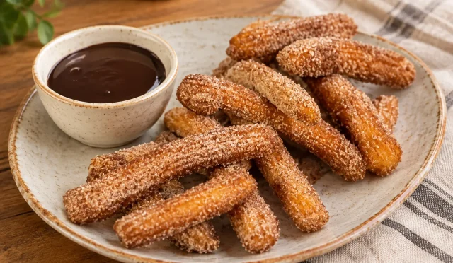 Şeker ve tarçın kaplı, çikolatalı ganajla servis edilen churros