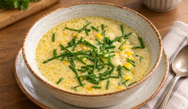 Kremalı mısır, kum midyesi ve bacon içeren Corn Chowder çorbası
