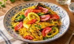 Üzerinde karides, kalamar ve midye bulunan deniz mahsullü paella