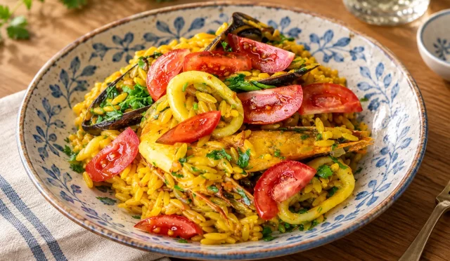 Üzerinde karides, kalamar ve midye bulunan deniz mahsullü paella