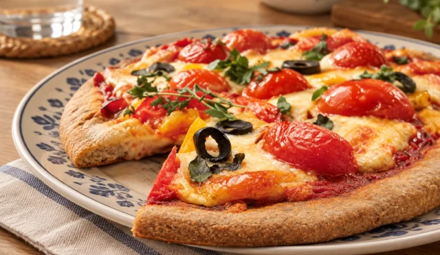 Domates ve mozzarella peynirli, renkli sebzelerle hazırlanmış sıcak pizza
