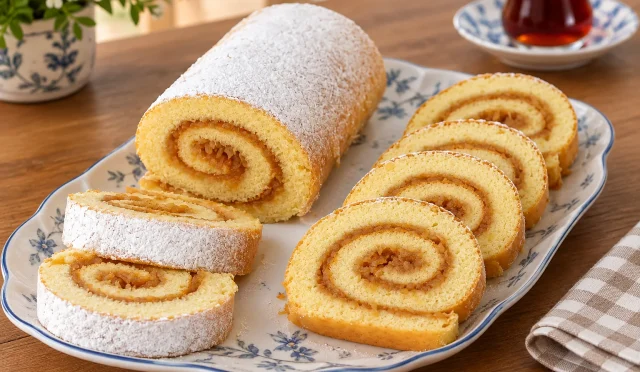 Pudra şekerli elmalı rulo pasta dilimleri