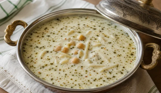 Naneli tereyağı sosuyla servis edilmiş erişteli nohutlu yayla çorbası