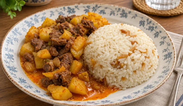 Etli patates yemeği yanında şehriyeli pirinç pilavı