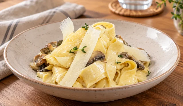 Parmesanlı ve mantarlı ev yapımı Fettuccine Alfredo