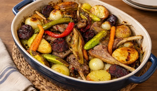 Kök sebzelerle fırında kızarmış kuzu pirzola