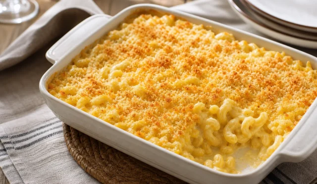 Fırında peynirli makarna, üzeri altın renginde çıtır panko ile kaplı