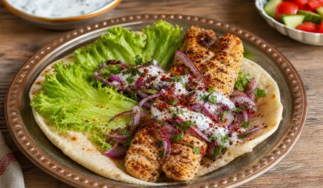 Fırında Pratik Tavuk Kebabı, yanında yoğurt sosu ve sumaklı soğan ile servis edilmiş