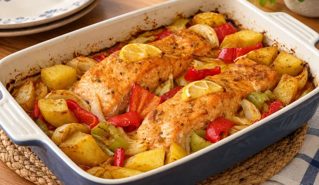 Patates ve biberlerle fırınlanmış sebzeli somon fileto