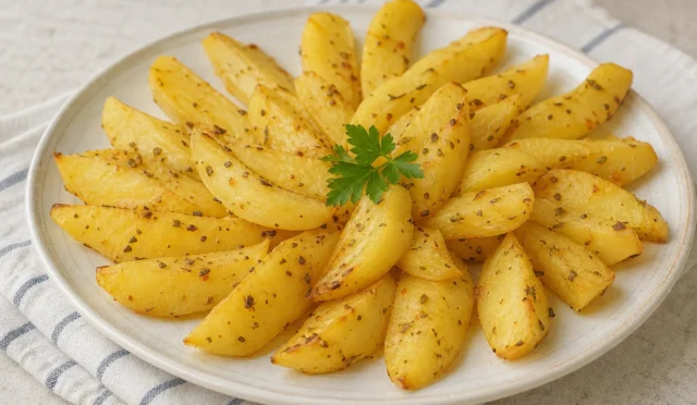Fırında yoğurtlu patates kızartması tabakta, üzerinde kekik ve pul biberle