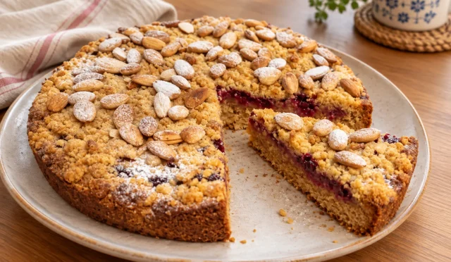 Üzeri crumble ve pudra şekerli frambuazlı tarçınlı tart