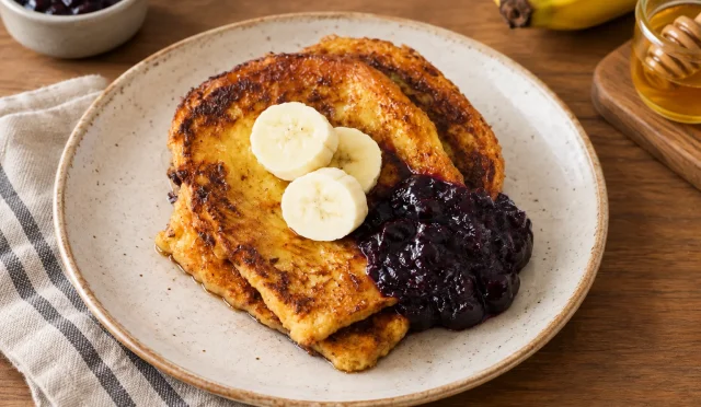 Muz, yaban mersini, bal ve pudra şekeriyle servis edilen French toast