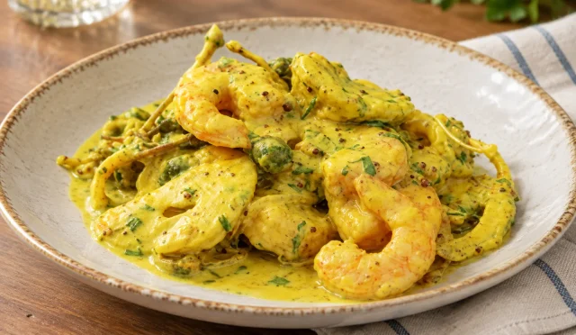 Hardal soslu avokado eşliğinde karides