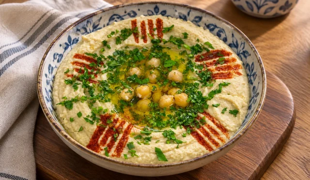 Zeytinyağı, pul biber, nohut ve maydanozla süslenmiş kremamsı humus