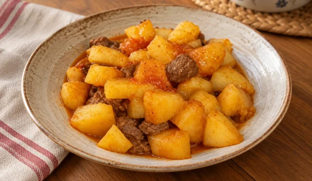 Salçalı sos içinde kuşbaşı etli patates yemeği