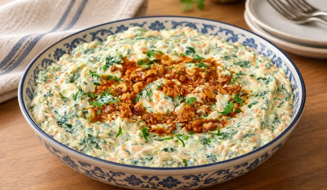 Yoğurtlu ıspanaklı şehriye salatası ve cevizli biberli sos
