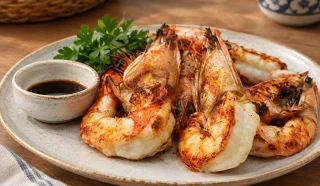 Izgarada pişmiş soya soslu jumbo karides