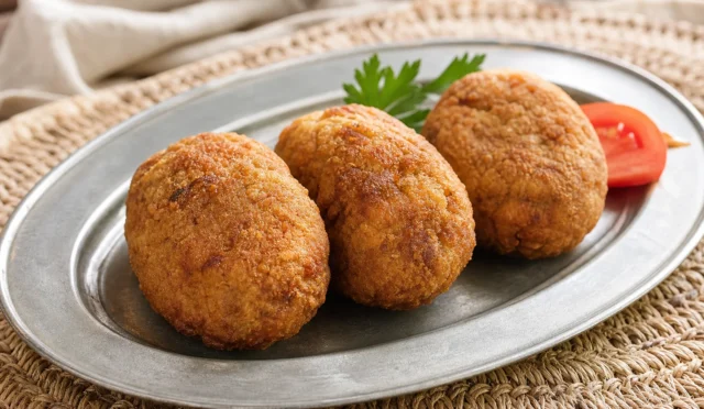 Altın renginde kızarmış çıtır Kadın Budu Köfte tabakta
