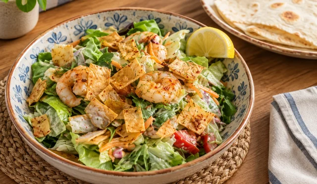 Çıtır lavaşlı sarımsaklı karides salatası