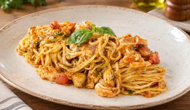 Domates soslu karides ve kalamarlı tagliolini makarna