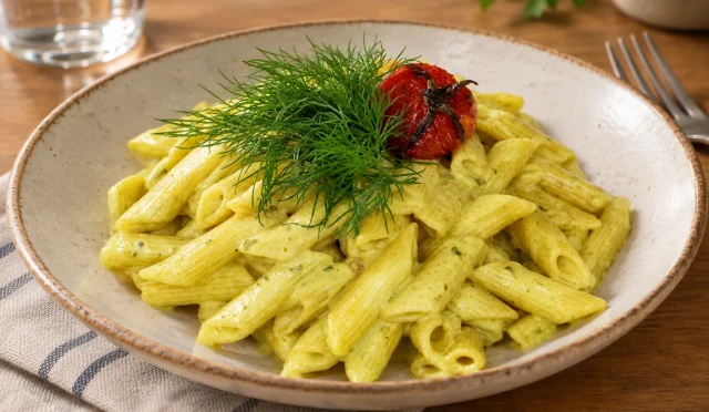 Kremalı köri sosuyla kaplanmış penne makarna