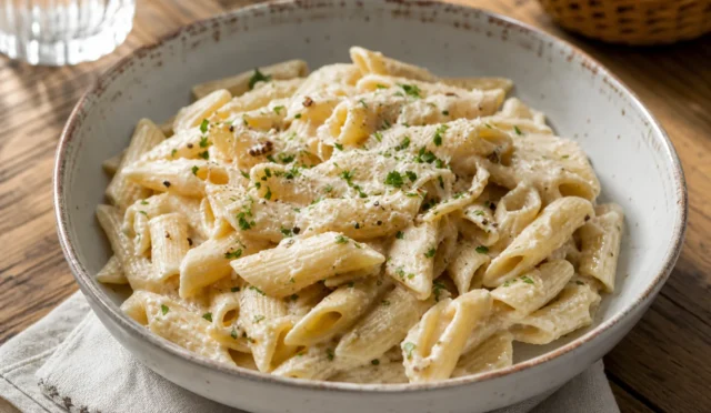 Köz patlıcanlı, kremalı sosla kaplanmış penne makarna, üzerine rendelenmiş İzmir tulum peyniri ve kıyılmış maydanoz serpiştirilmiş