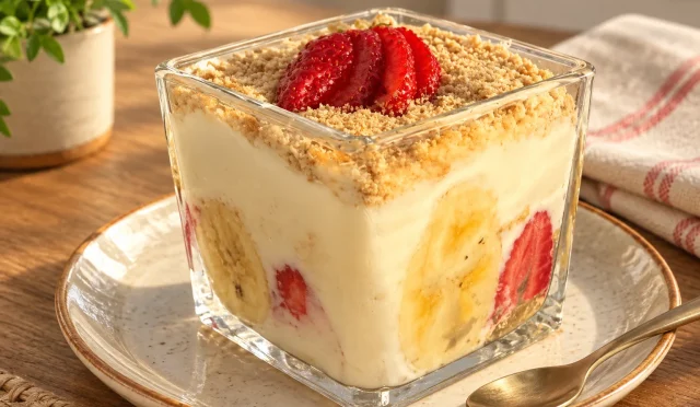 Kuplarda kat kat hazırlanmış kremalı magnolia tatlısı