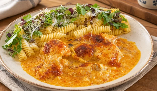 Kremalı soslu, soğanlı ve üzeri kızarmış tavuk yemeği
