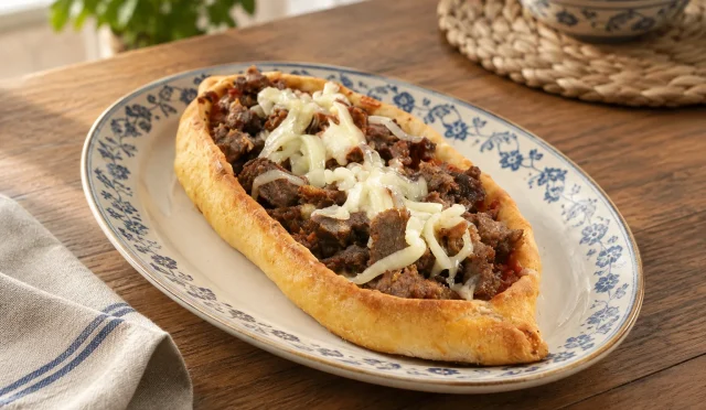 Kenarları kızarmış kuşbaşı etli pide ve erimiş kaşar peyniri