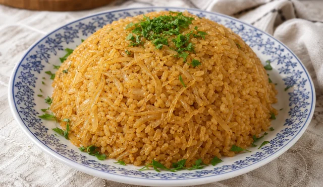Sıcacık servis edilen lahanalı bulgur pilavı