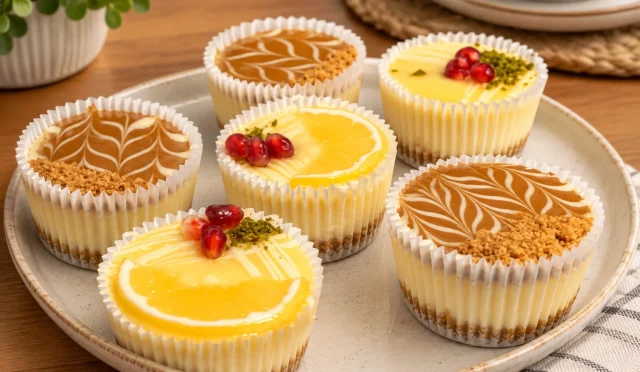 Üzeri limonlu curd ile kaplı mini limonlu cheesecake’ler
